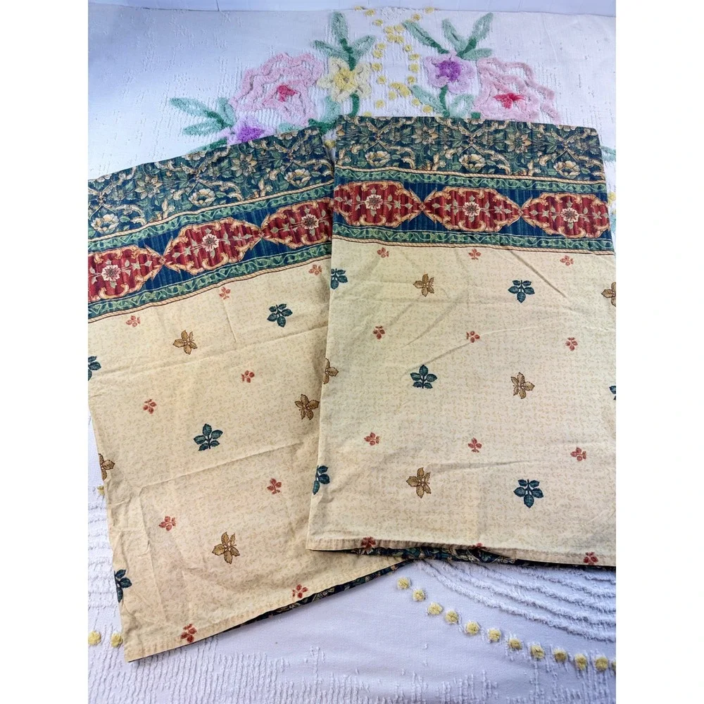 Vintage Floral Tapestry Window Treatment Set 5pc Green Gold Valance Tier Panels